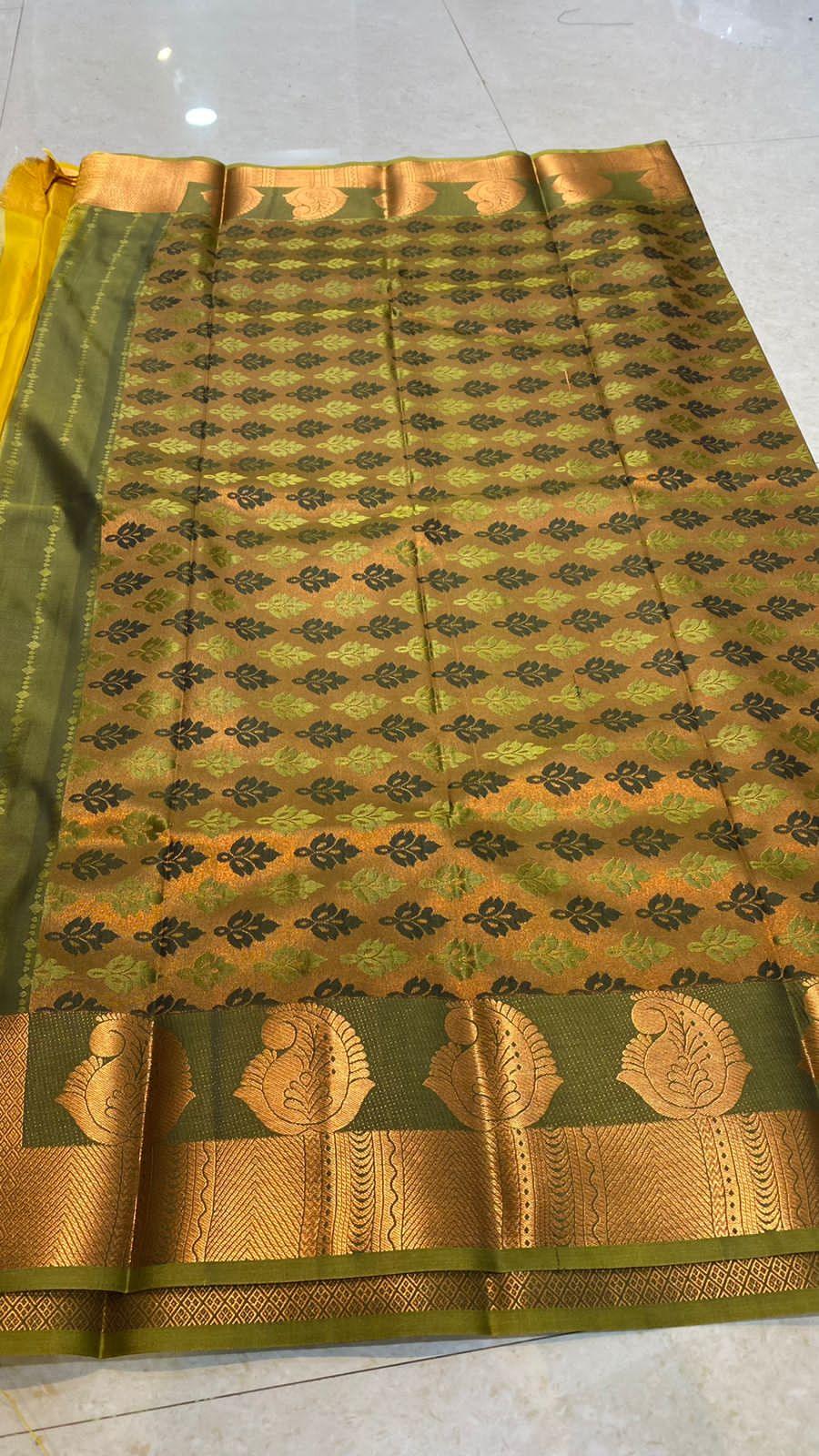 Yellow and green silk saree with blouse - Threads