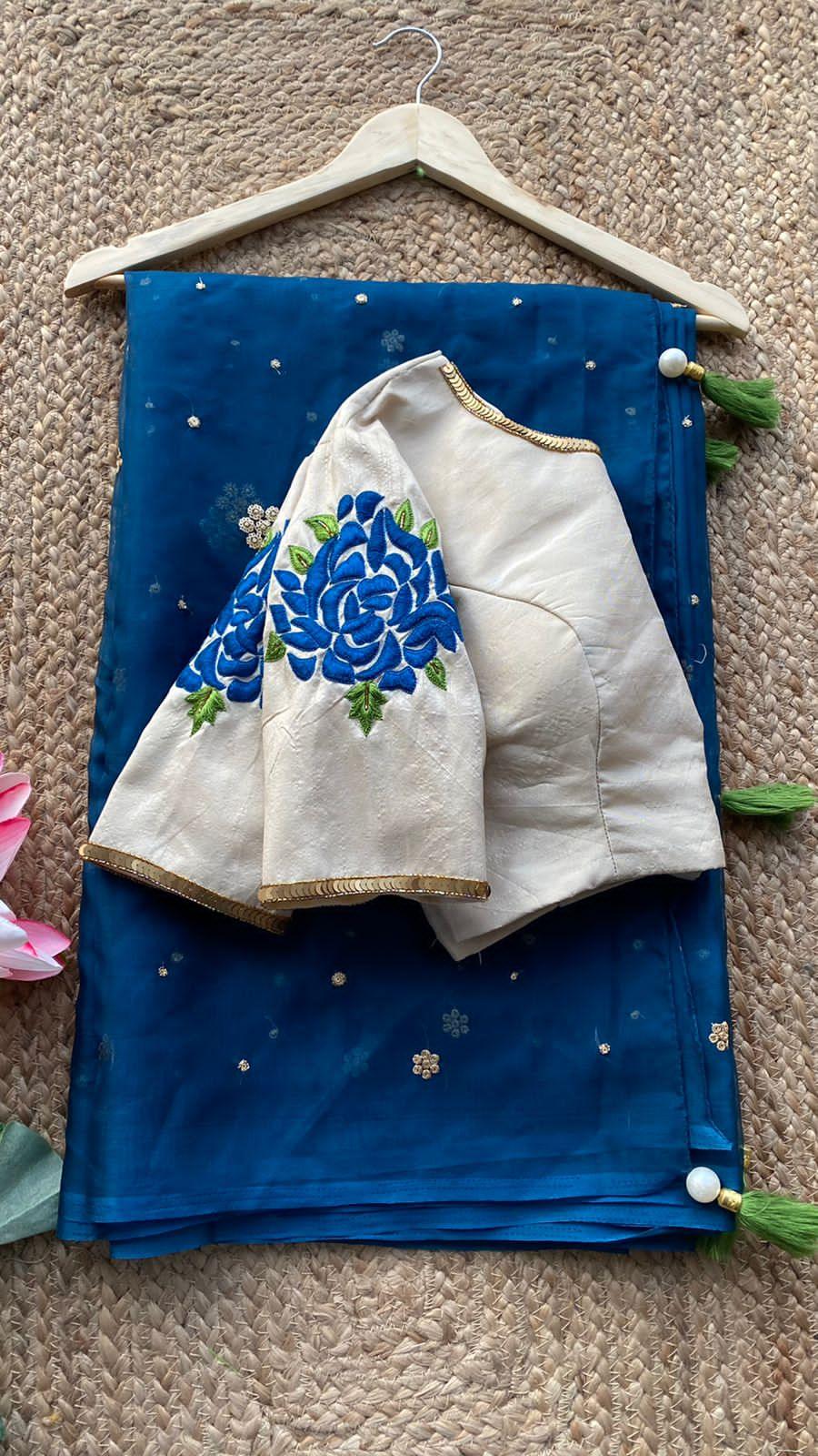 Deep blue organza saree with thread worked blouse - Threads