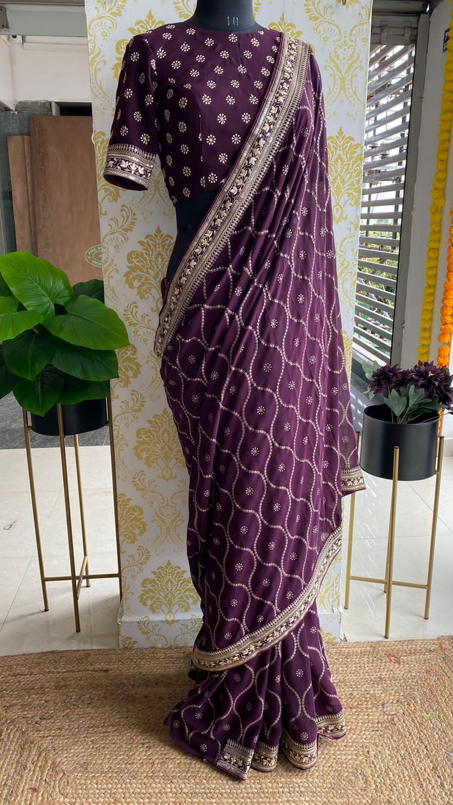 Wine georgette saree with embroidery worked Blouse - Threads