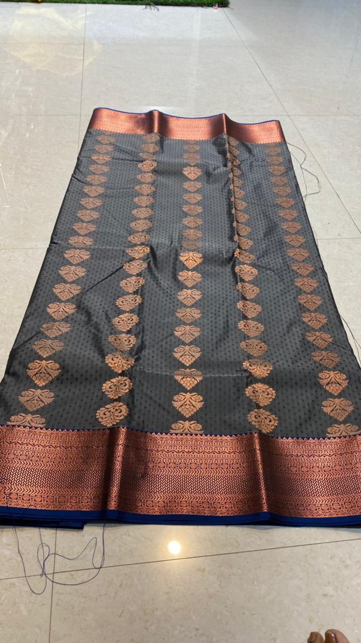Dual shaded grey and blue silk saree with blouse - Threads