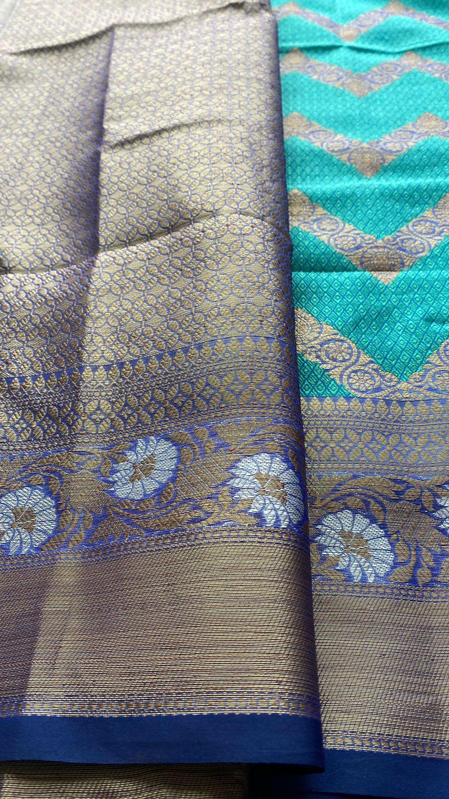 Sea blue silk chanderi saree with blouse - Threads