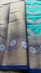 Sea blue silk chanderi saree with blouse - Threads