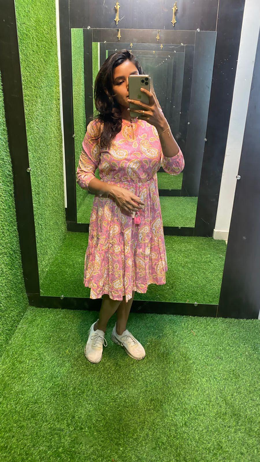 Pink and yellow floral Cotton printed short kurti top - Threads