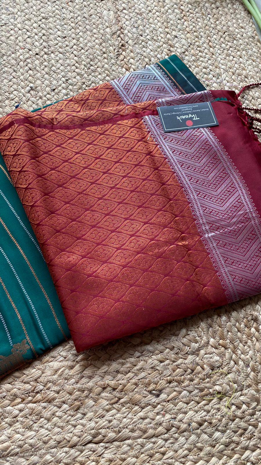 Bottle green and orange Silk saree with blouse - Threads