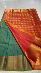 Green and orange silk saree with blouse - Threads