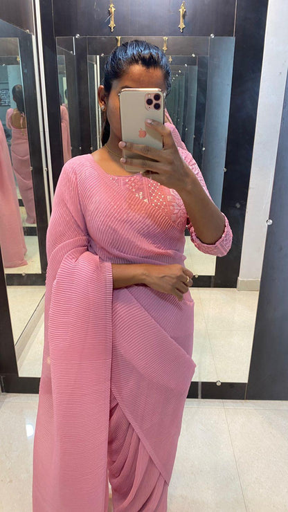 Onion Pink crushed saree with ready to wear Blouse - Threads