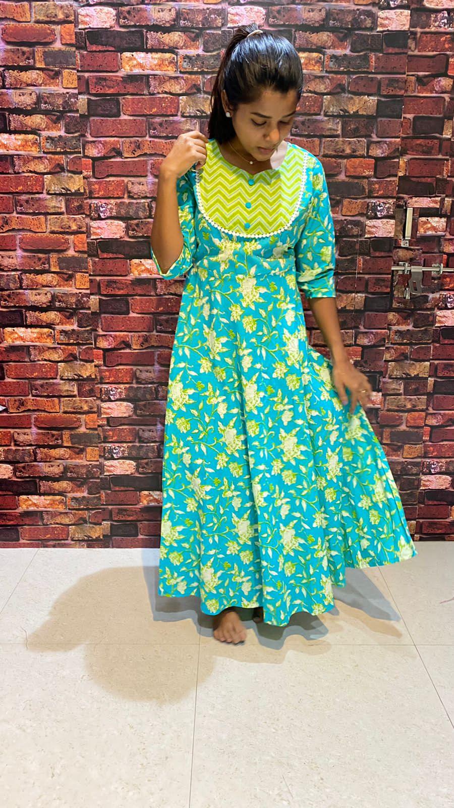 Green yellow floral printed cotton kurti top - Threads