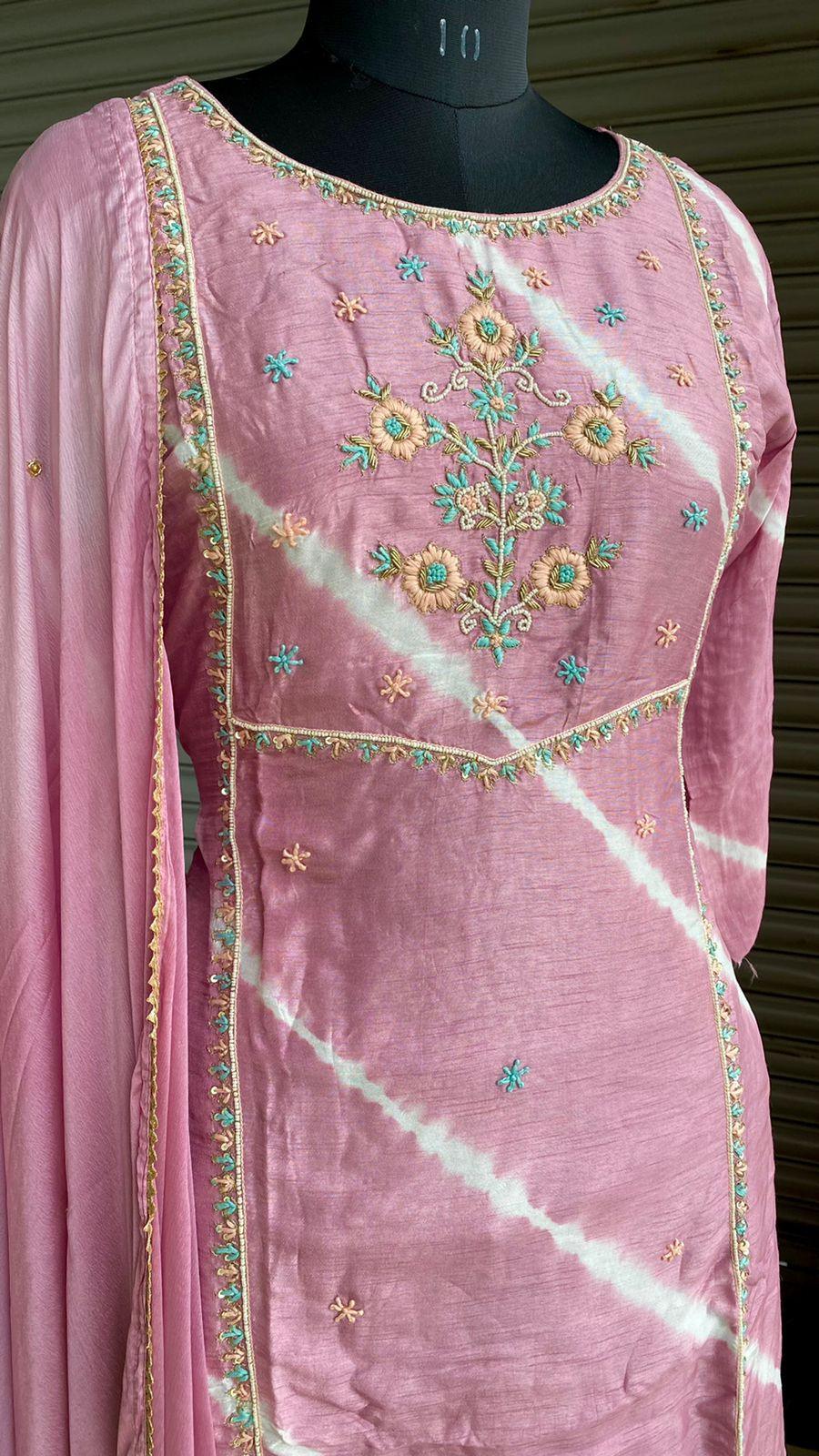 Pink chinnon hand worked embroidery 3 piece kurti set - Threads