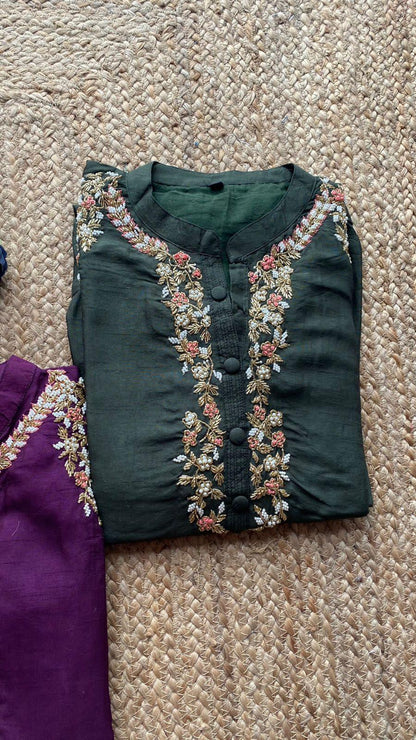 Bottle green silk embroidery 2 piece kurti set - Threads