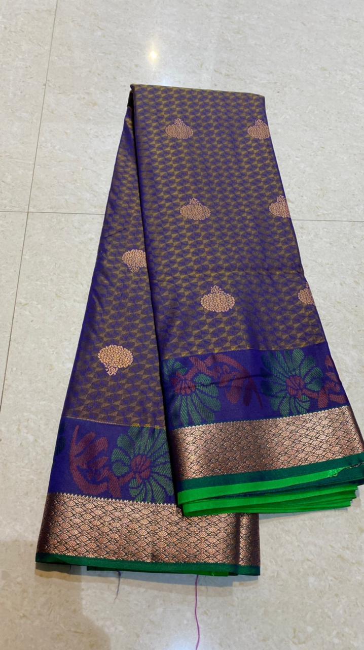 Dual shaded purple and green silk saree with blouse - Threads