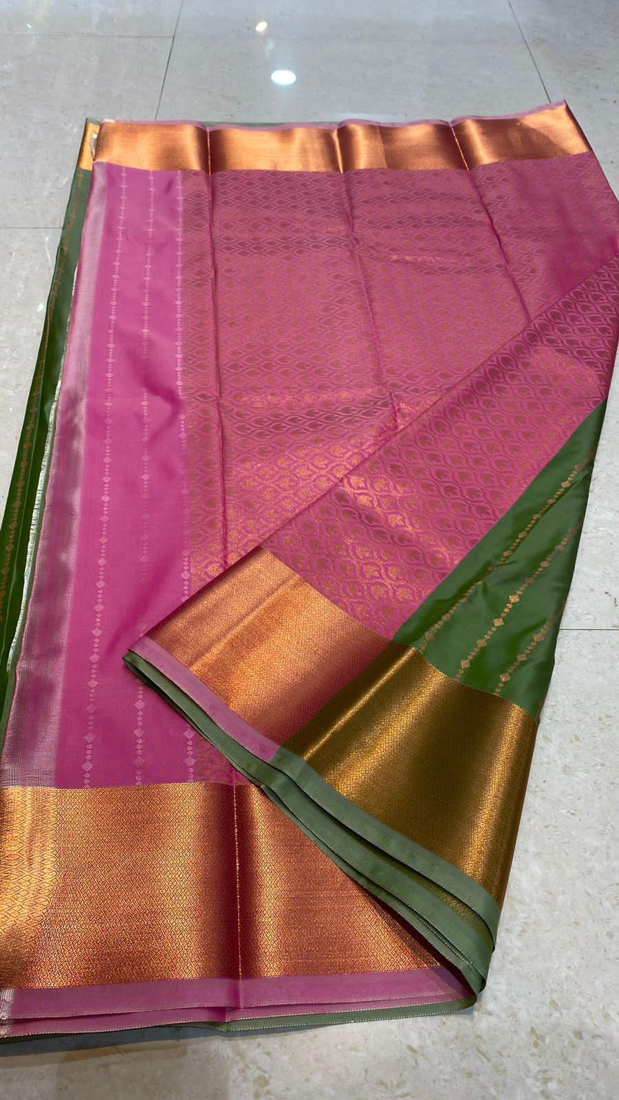 Western green and pink silk saree with blouse - Threads