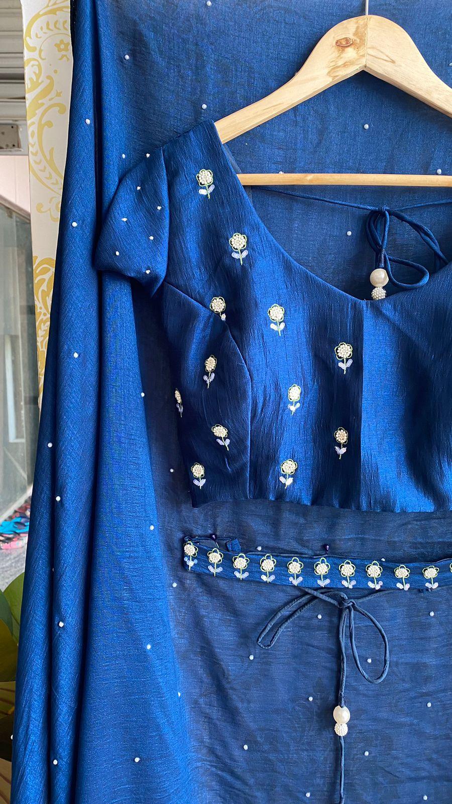 Deep blue marble silk saree with hand worked saree - Threads