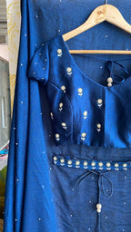 Deep blue marble silk saree with hand worked saree - Threads