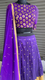 Purple silk embroidery hand worked lehenga - Threads
