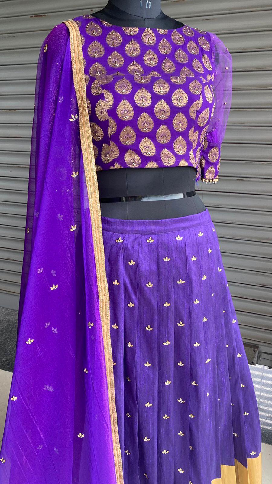 Purple silk embroidery hand worked lehenga - Threads