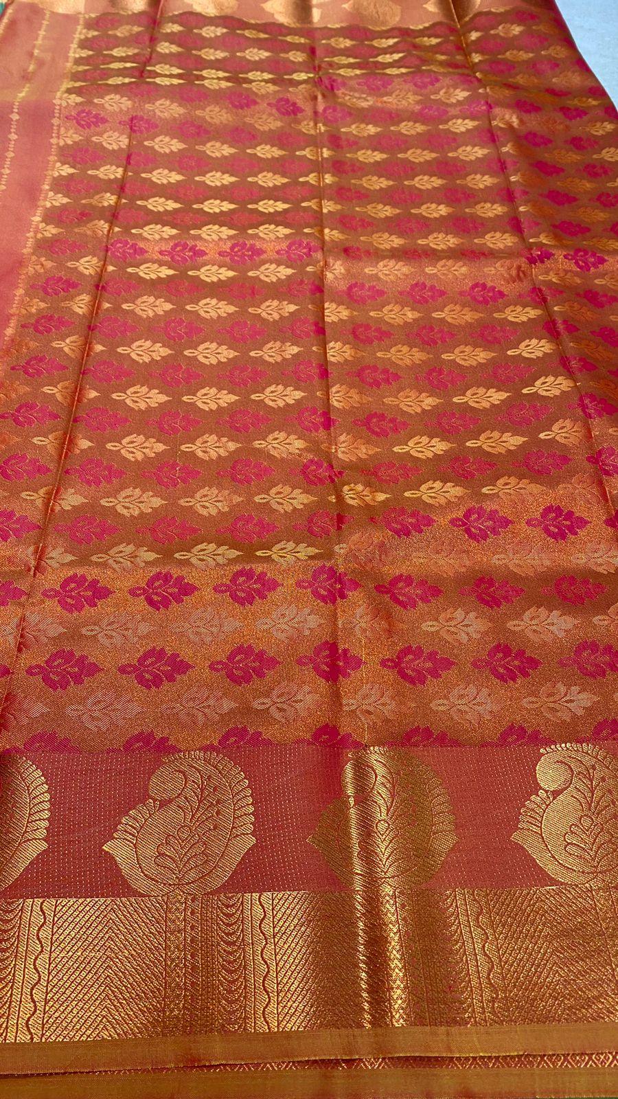 Green and orange silk saree with blouse - Threads