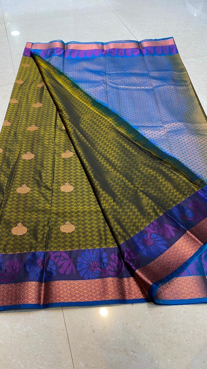 Mehandi green blue semi silk saree with blouse - Threads