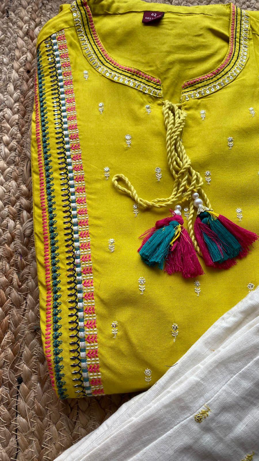 Yellow pure rayon cotton embroidery 2 piece kurti set - Threads