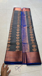 Dual shaded grey and blue silk saree with blouse - Threads