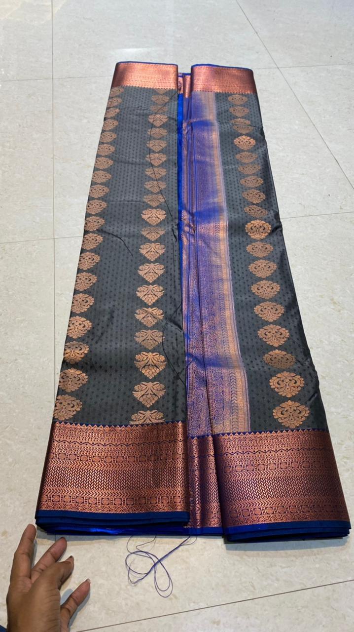 Dual shaded grey and blue silk saree with blouse - Threads