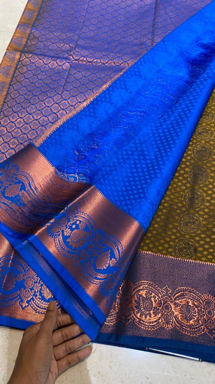 Mehandi green deep blue semi silk saree with blouse - Threads