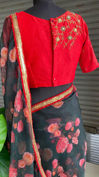 Deep blue floral soft organza saree with hand worked blouse - Threads