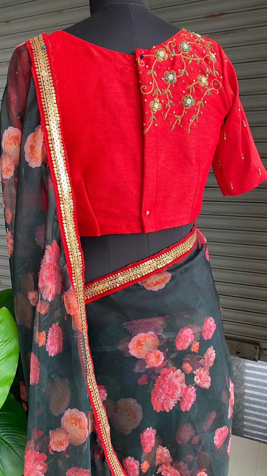 Deep blue floral soft organza saree with hand worked blouse - Threads