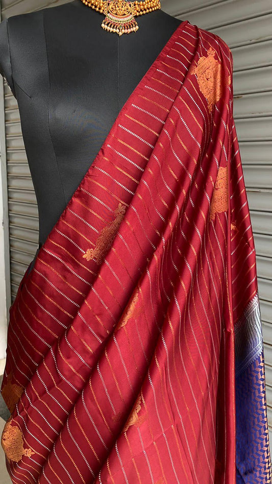 Maroon and Blue Silk saree with blouse - Threads