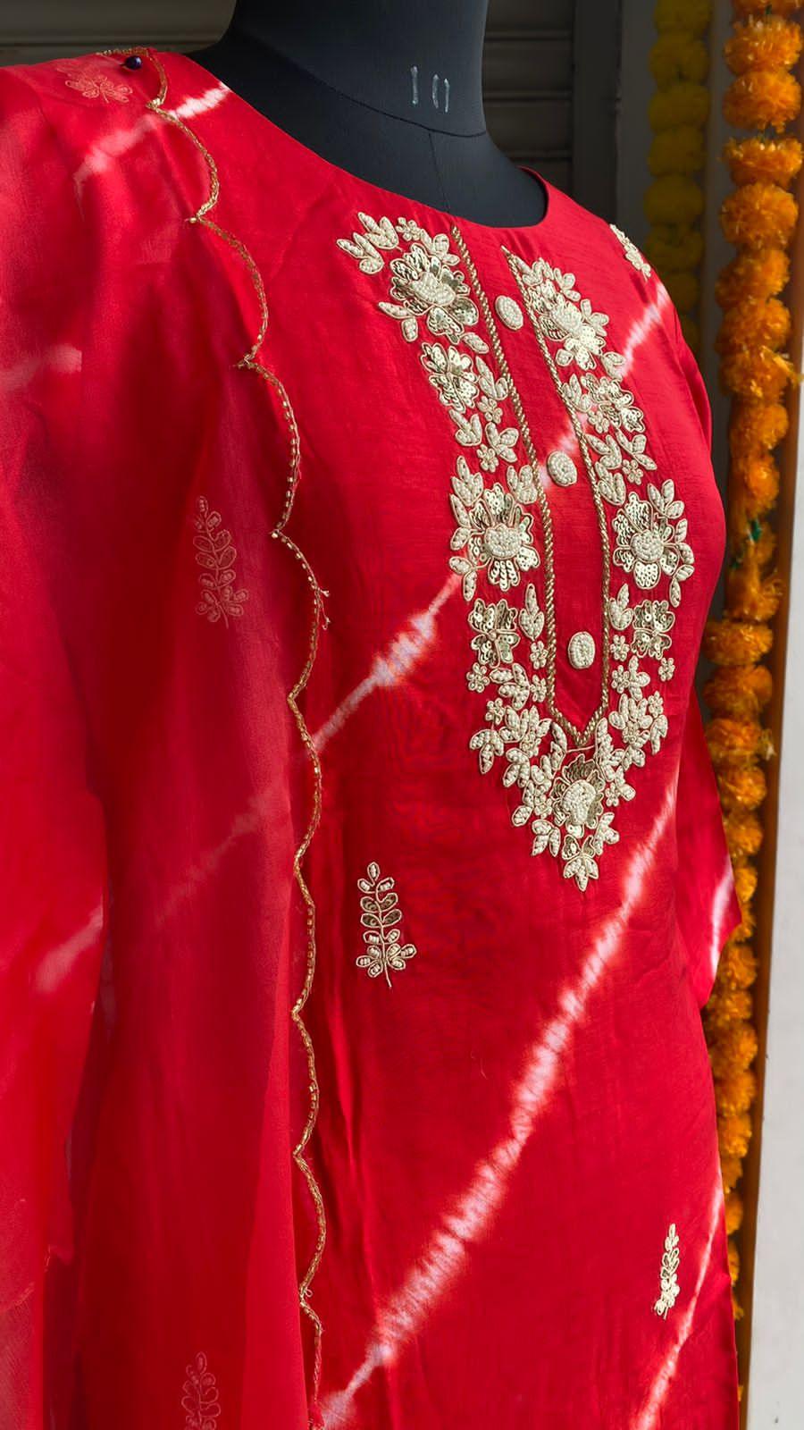 Red tie and die muslin embroidery hand worked  3 piece kurti set - Threads