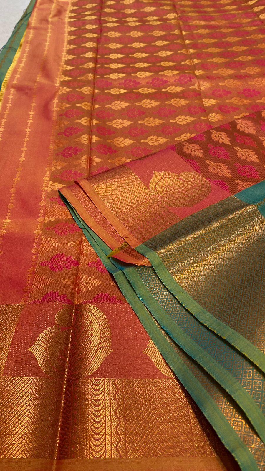 Green and orange silk saree with blouse - Threads