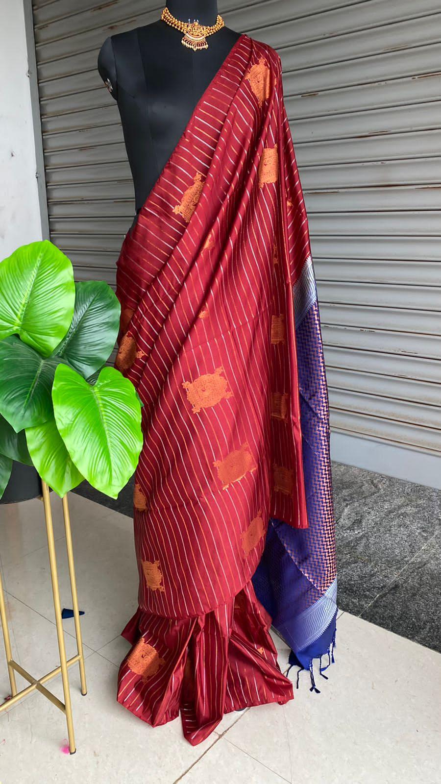 Maroon and Blue Silk saree with blouse - Threads