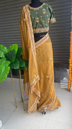 Light orange organza saree with silk embroidery blouse - Threads