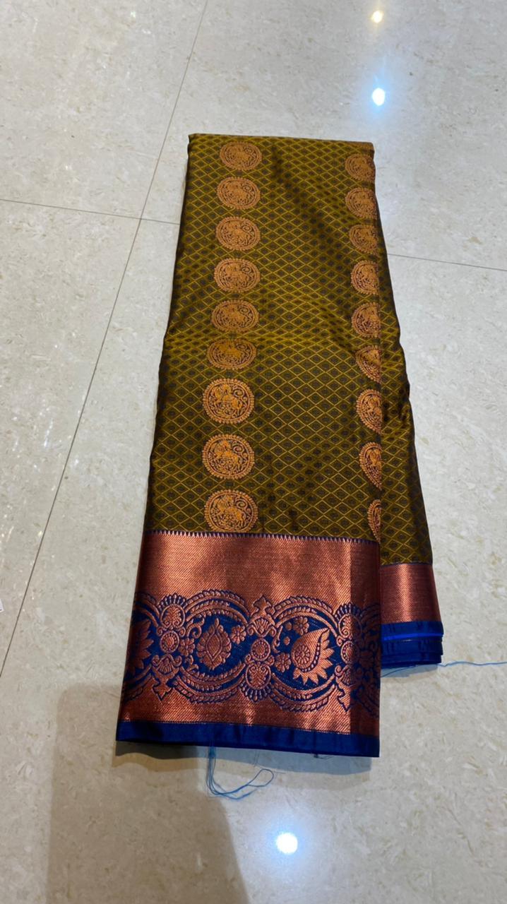 Mehandi green deep blue semi silk saree with blouse - Threads