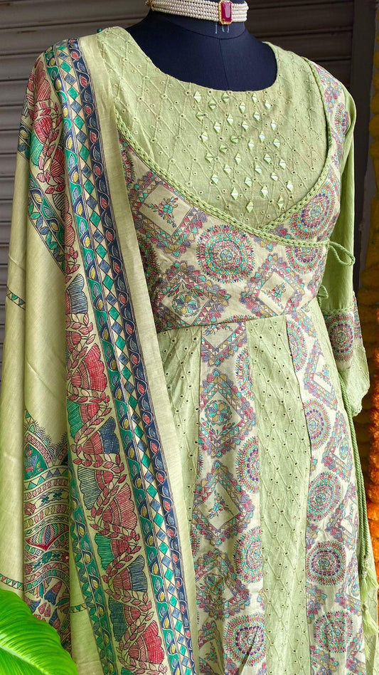 Light green cotton embroidery hand worked 3 piece kurti set - Threads