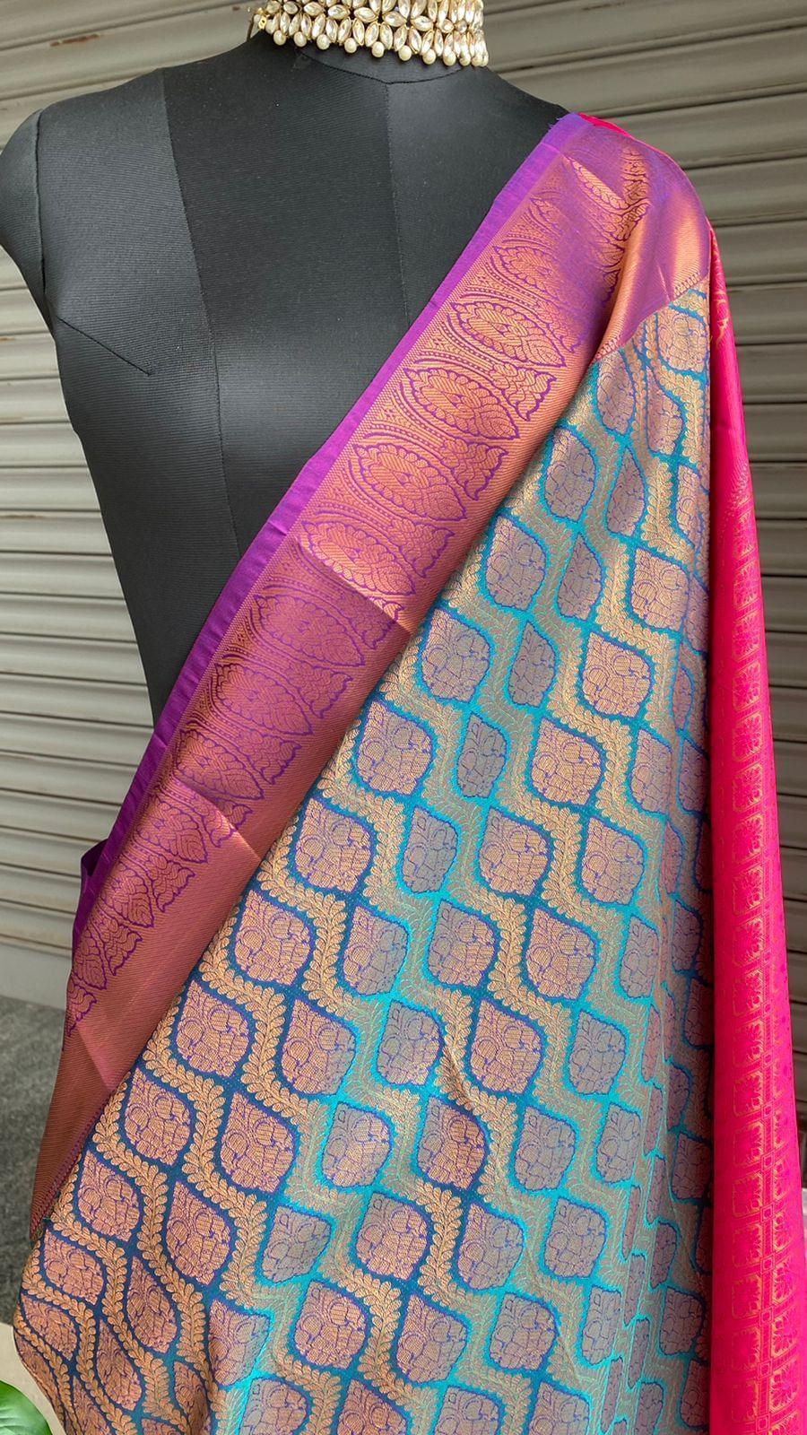 Banarasi Blue and pink silk saree with blouse