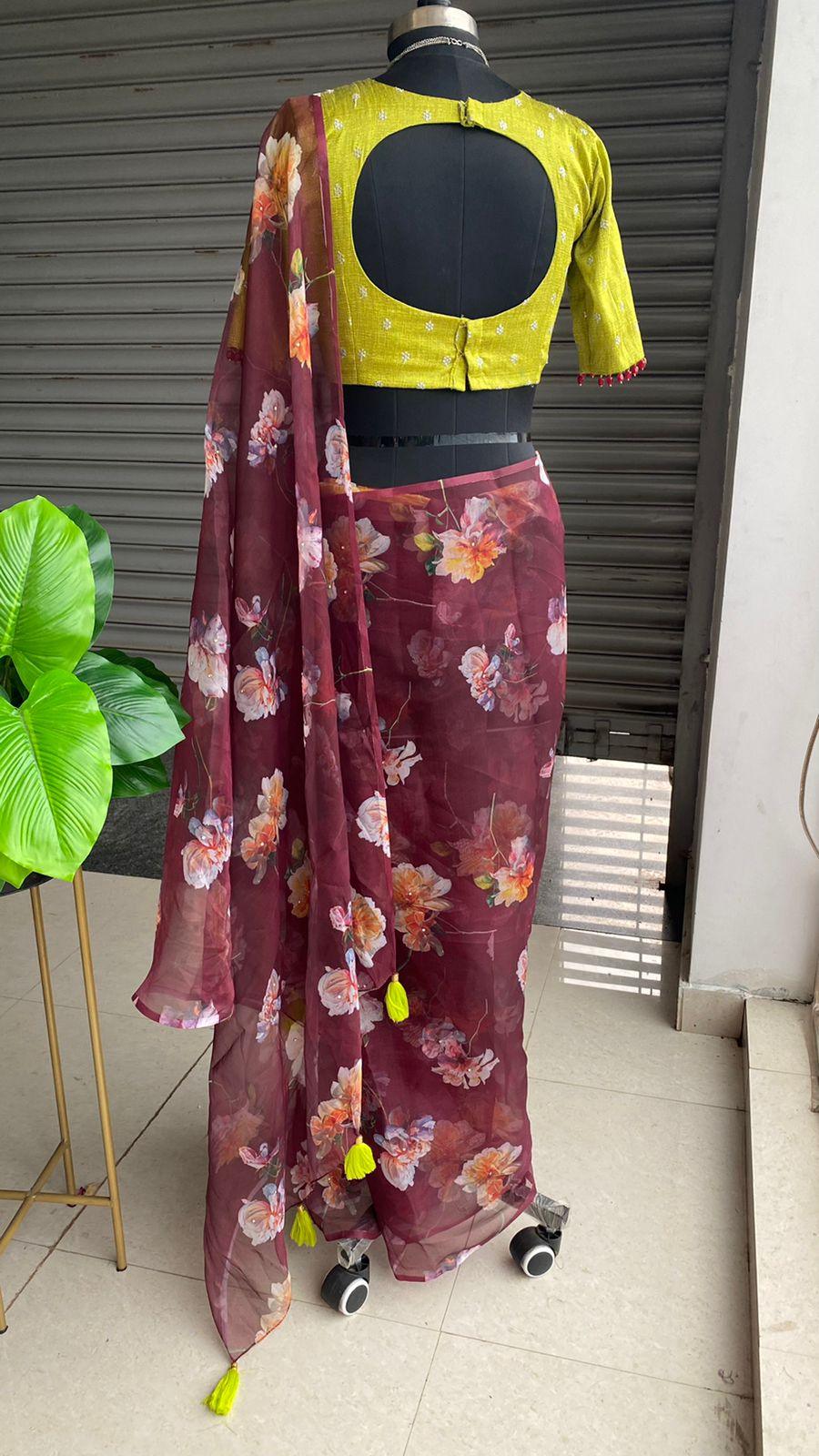 Wine Organza floral saree with heavy embroidery blouse - Threads