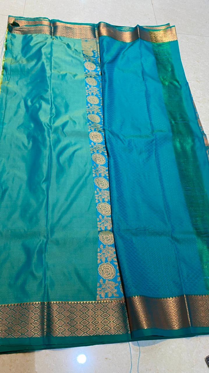 Yellow and peacock silk saree with blouse - Threads