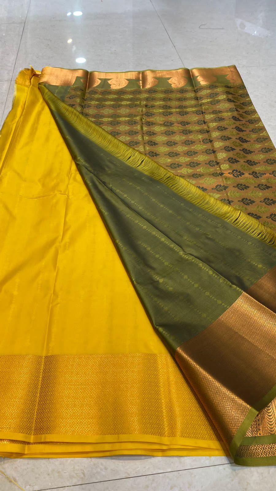 Yellow and green silk saree with blouse - Threads