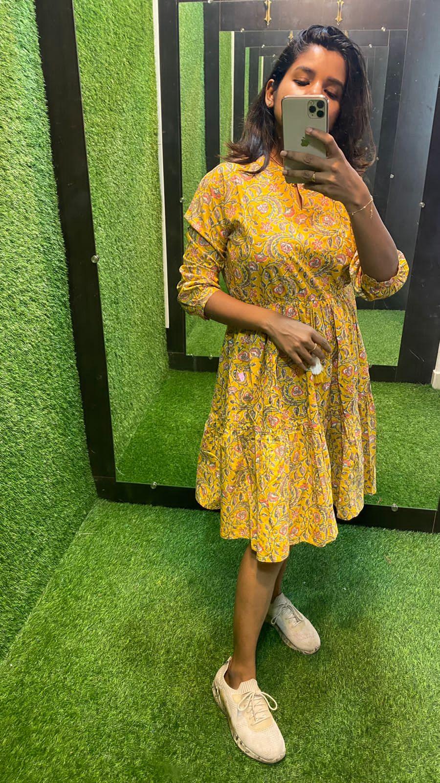 Embroidered Short Kurti -Skirt in deep yellow | Fashion Designer