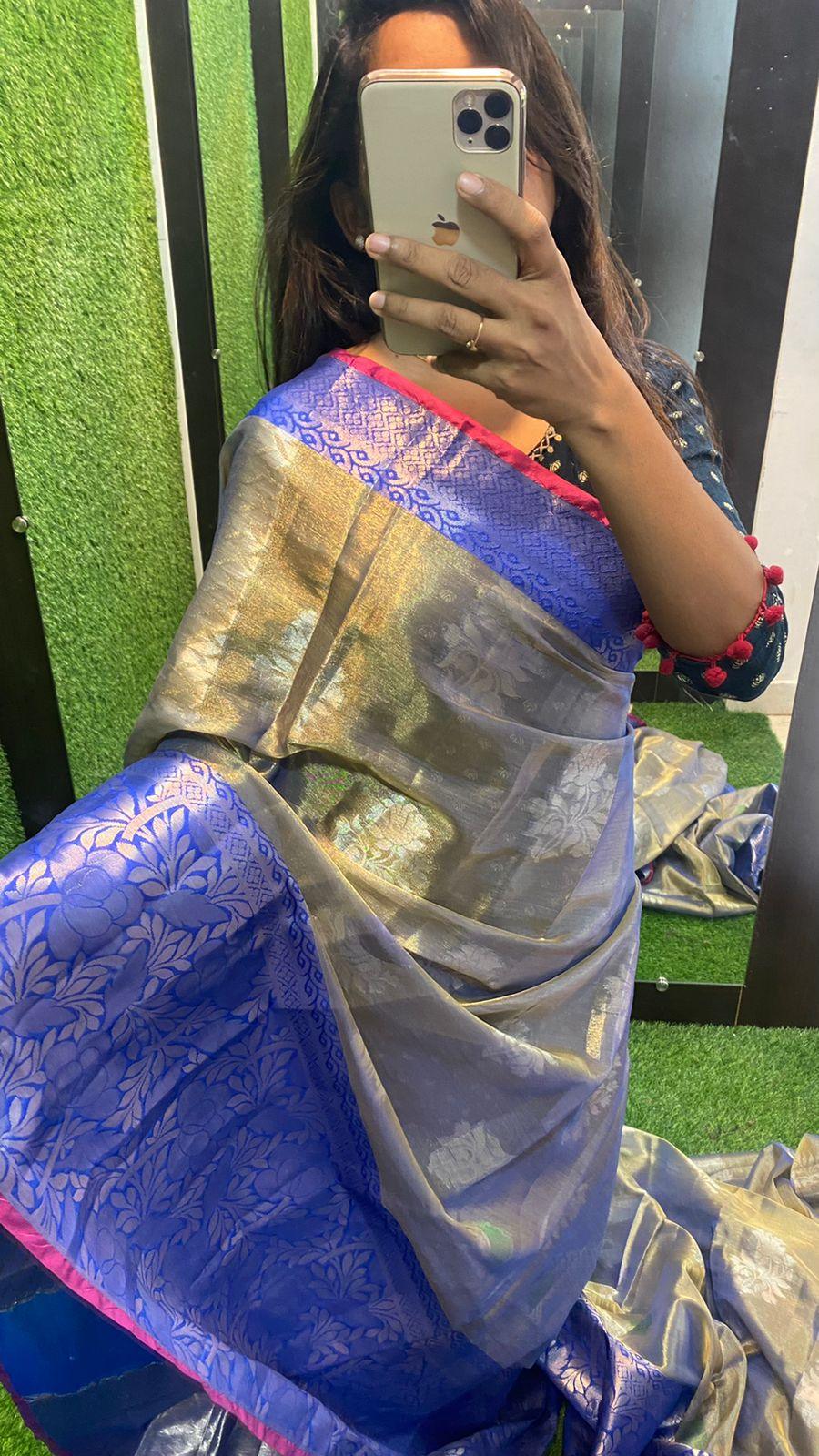 silver grey and blue silk saree with blouse - Threads
