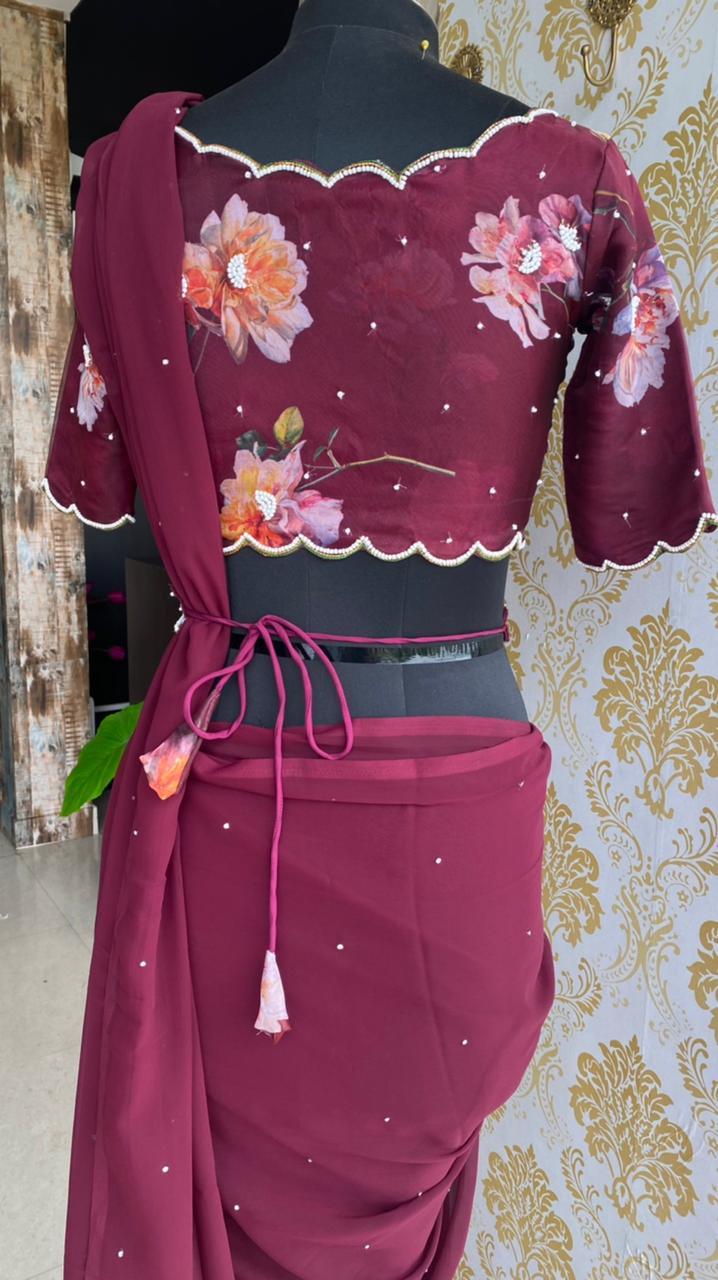Wine georgette saree with organza hand worked blouse - Threads