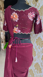 Wine georgette saree with organza hand worked blouse - Threads