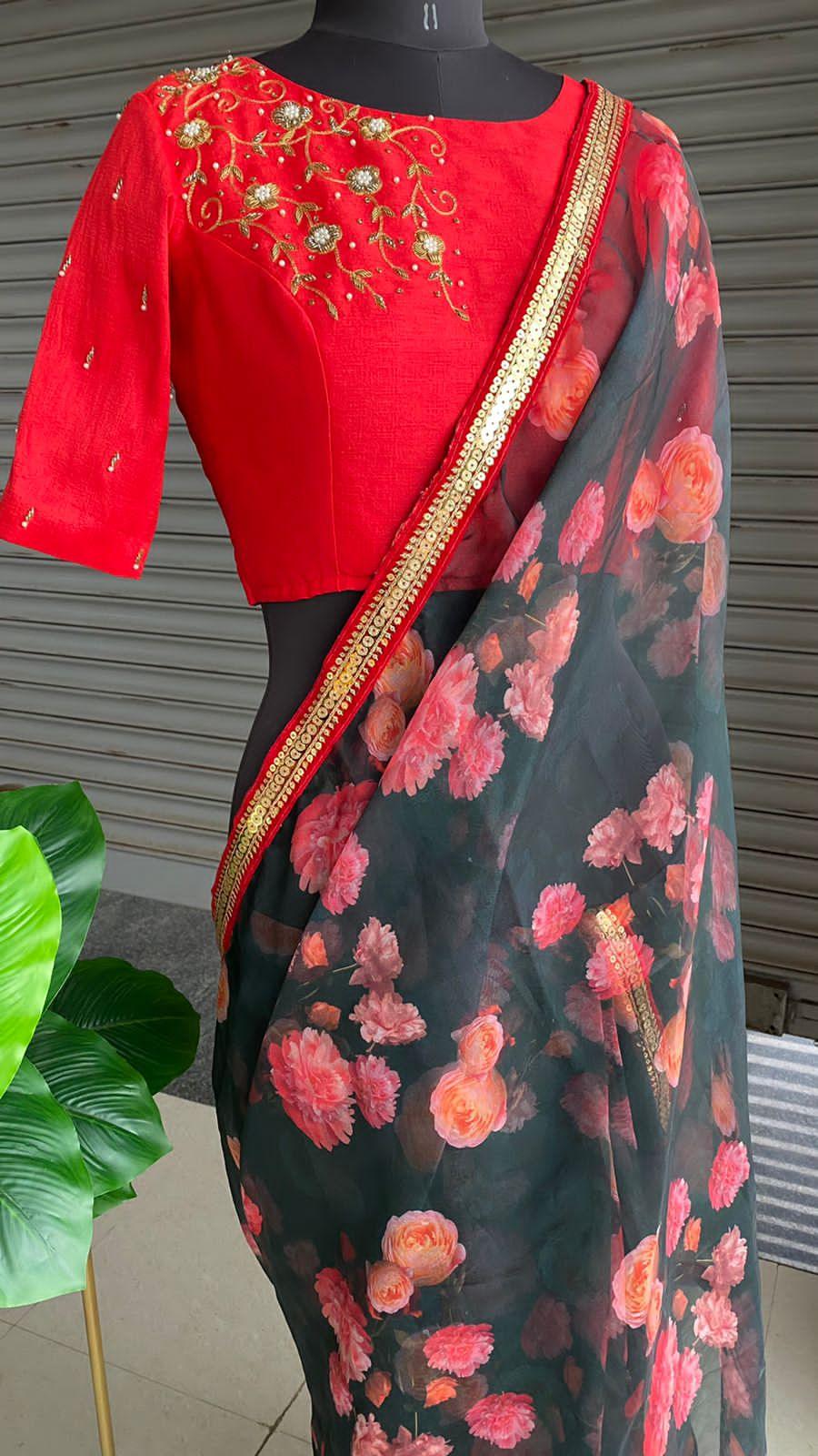 Deep blue floral soft organza saree with hand worked blouse - Threads