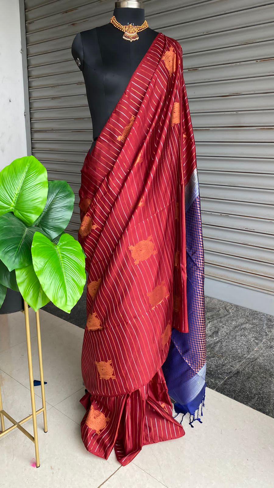 Maroon and Blue Silk saree with blouse - Threads