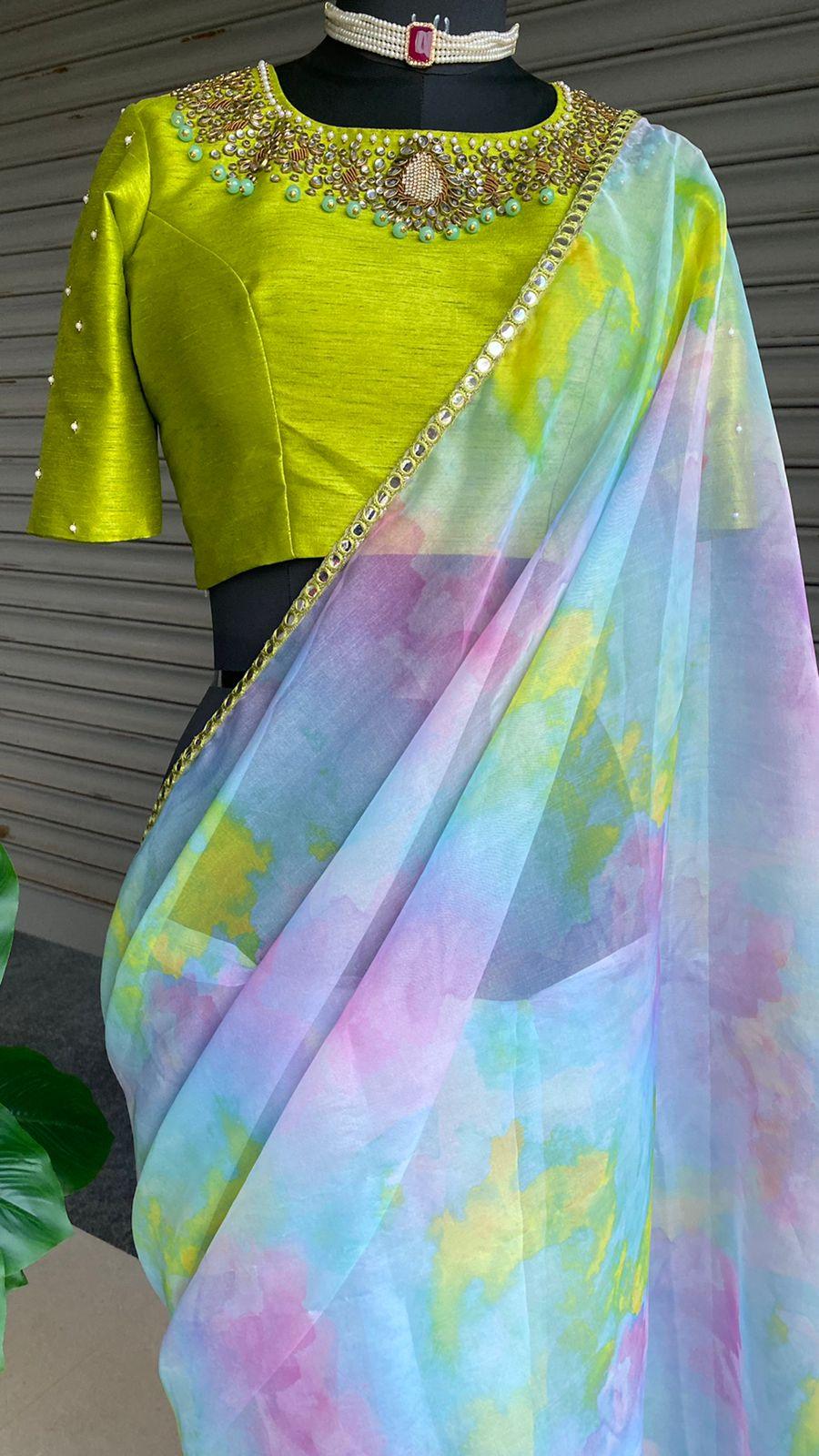 Rangoli organza saree with hand worked Jewel Neck blouse - Threads
