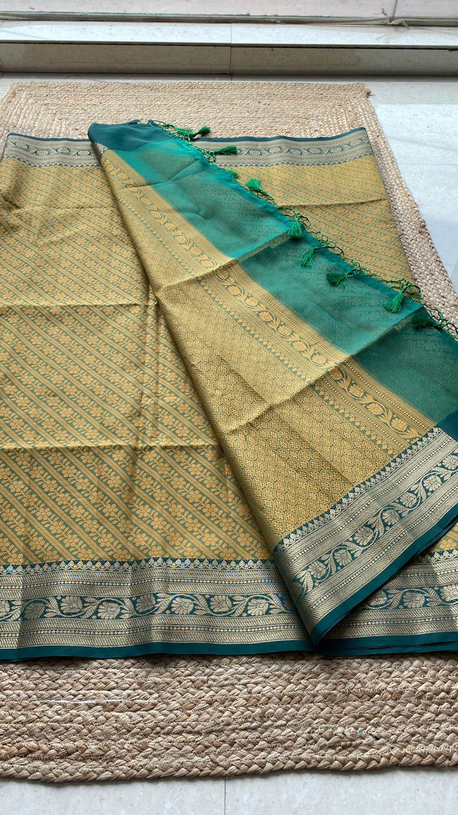 Yellow and green dual shaded silk saree with blouse - Threads
