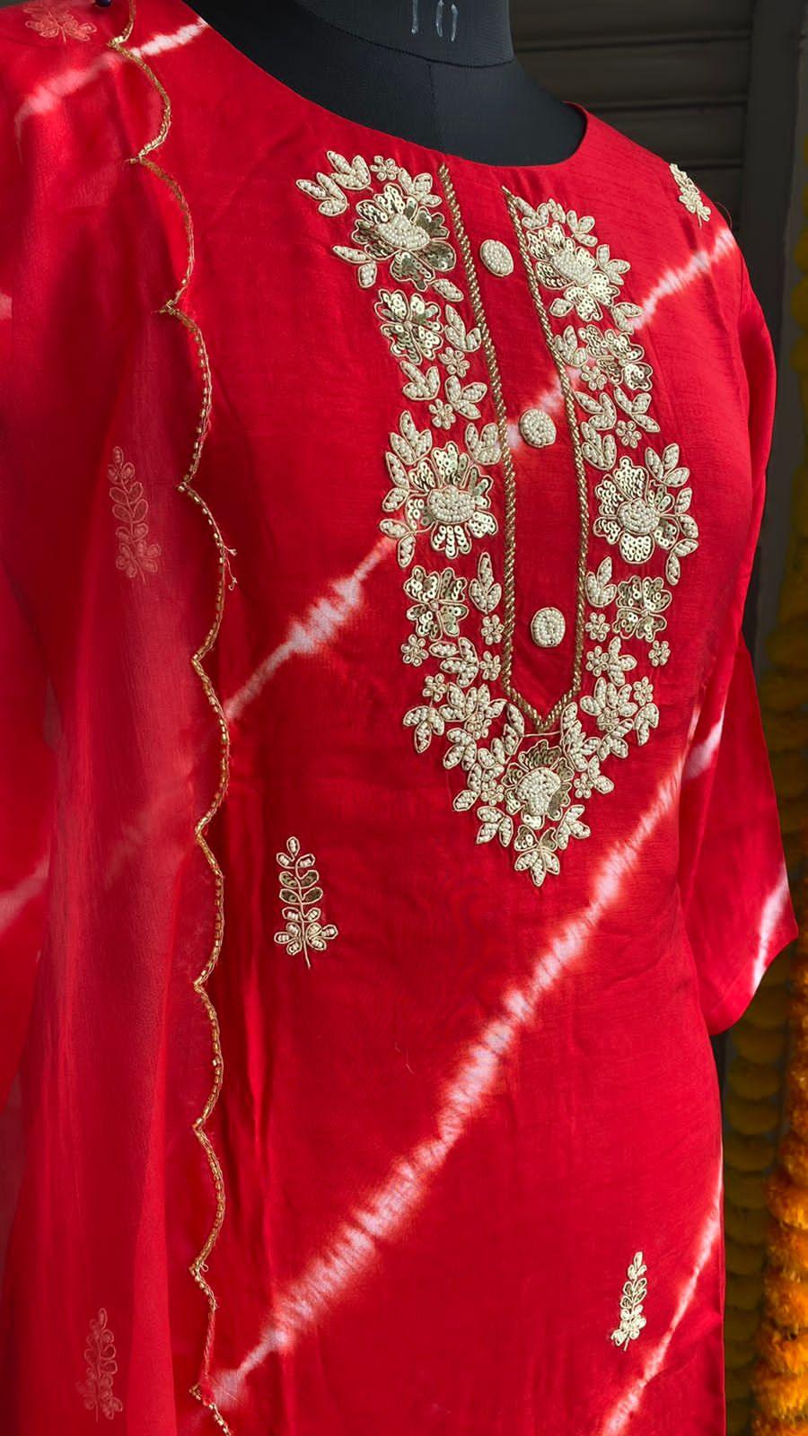 Red tie and die muslin embroidery hand worked  3 piece kurti set - Threads