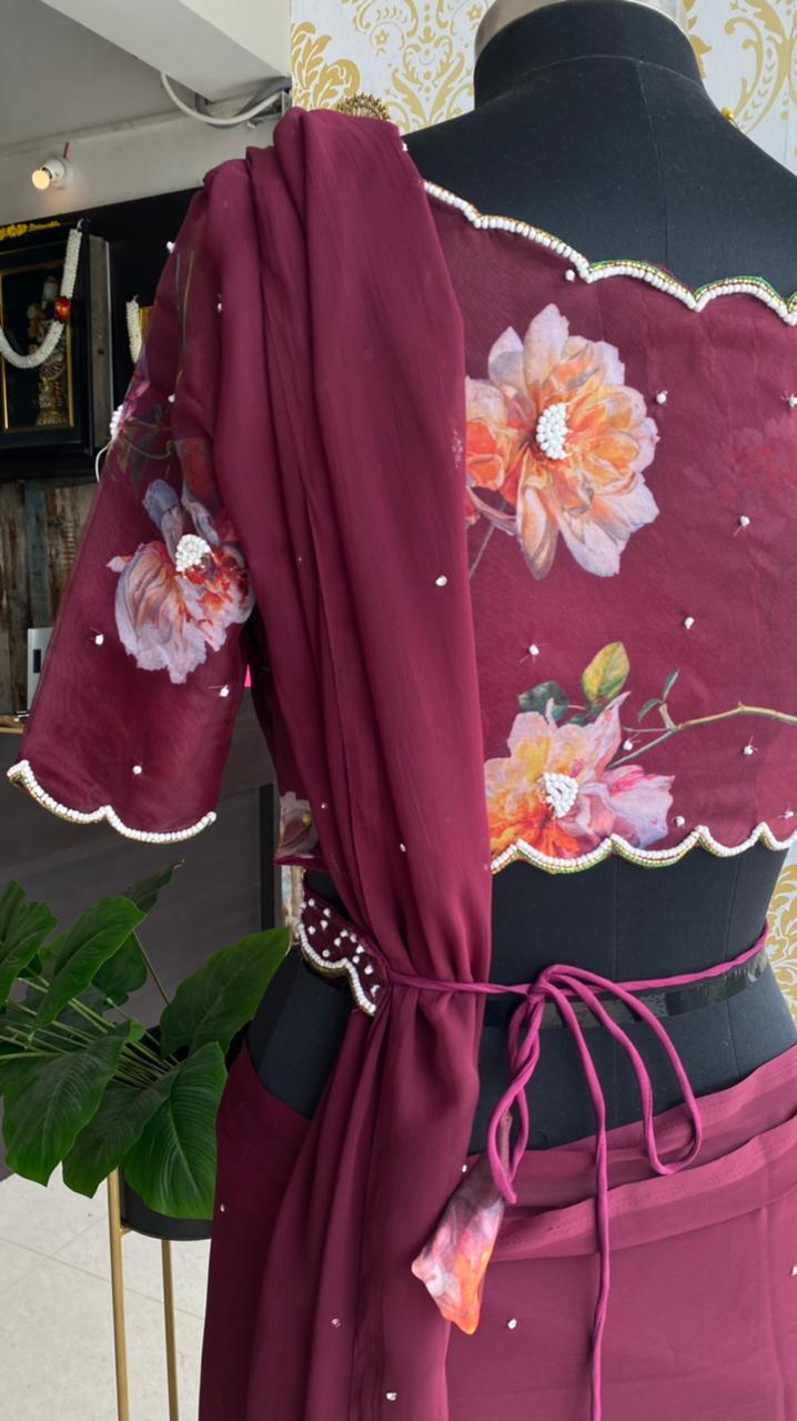 Wine georgette saree with organza hand worked blouse - Threads