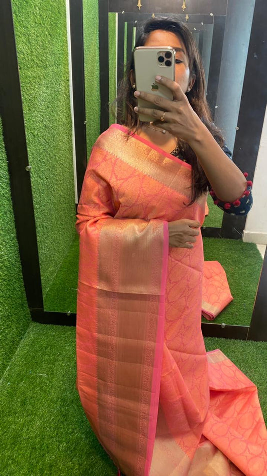 Peach Silk chanderi with kanjivaram border saree with blouse - Threads