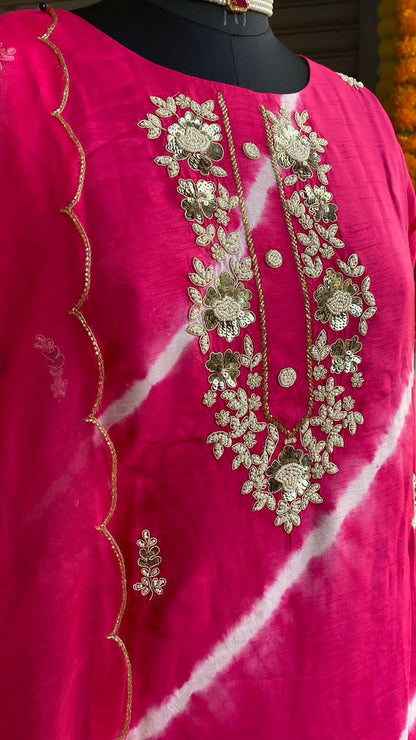 Pink tie and die muslin embroidery hand worked 3 piece kurti set - Threads
